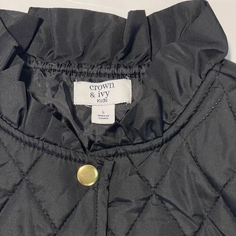 Crown And Ivy Girls Quilted Puffer Vest Black Large Ruffled Collar